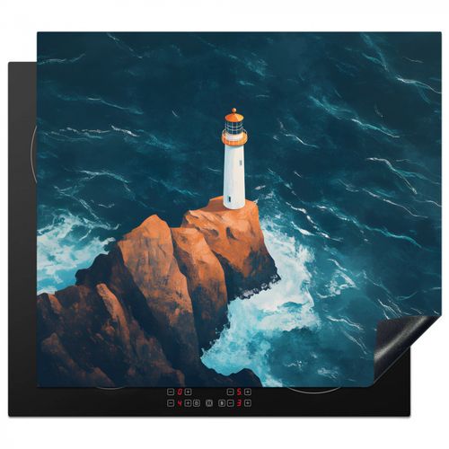 Herdabdeckplatte - Leuchtturm - Felsen - Meer - Wellen