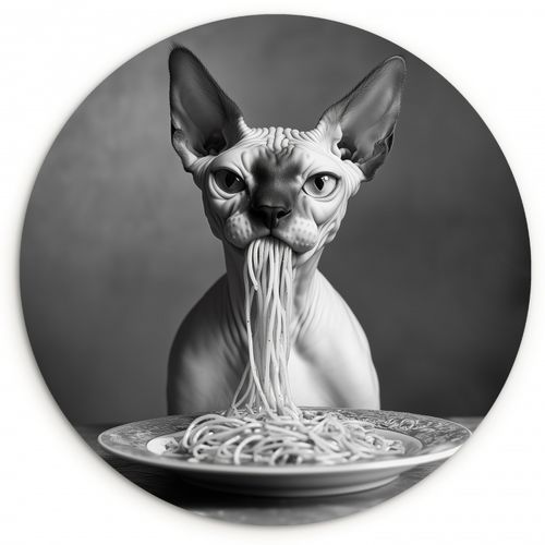 Runde Bilder - Sphynx - Katze - Tiere - Humor - Spaghetti - Schwarz und Weiß