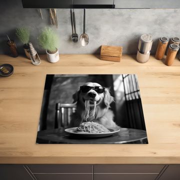 Herdabdeckplatte - Golden Retriever - Hund - Fröhlich - Teller Spaghetti - Schwarz - Weiß