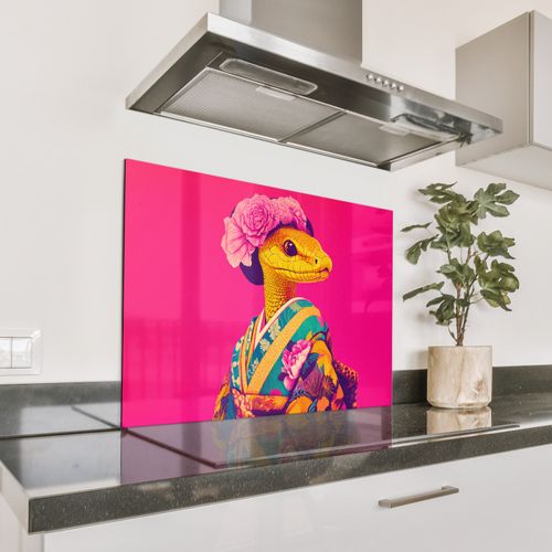Spritzschutz Küche - Eidechse - Blumen - Rosa - Kimono