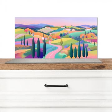 Spritzschutz Küche - Landschaft - Lila - Pastell - Häuser