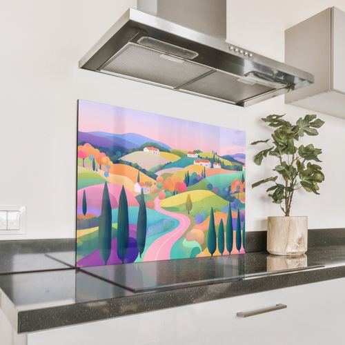 Spritzschutz Küche - Landschaft - Lila - Pastell - Häuser