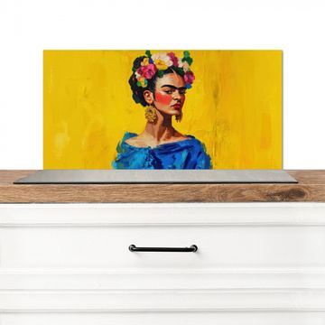 Spritzschutz Küche - Frida Kahlo - Frau - Gelb - Blau - Blumen