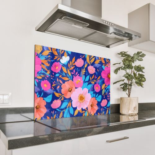 Spritzschutz Küche - Blumen - Blau - Rosa