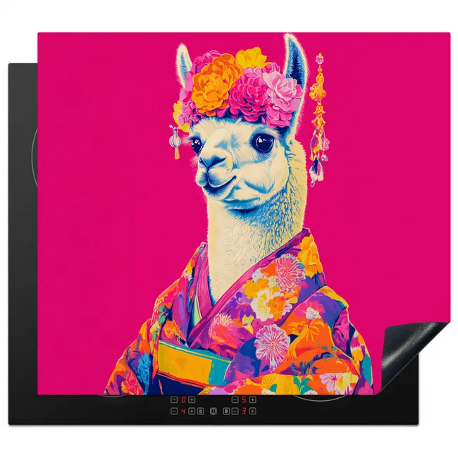 Herdabdeckplatte - Lama - Kimono - Blumenkranz - Hellrosa