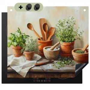 Herdabdeckplatte - Töpfe - Kräuter - Holz