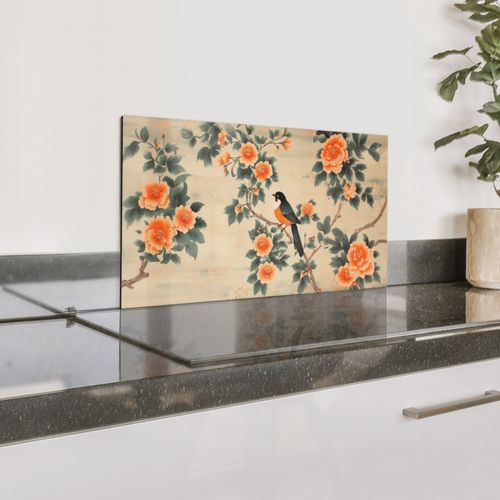 Spritzschutz Küche - Vogel - Zweig - Blumen - Orange