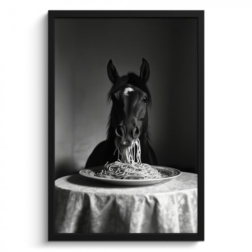 Bilder mit Rahmen - Pferd - Teller - Pasta - Tischtuch - Schwarz und weiß - Tiere