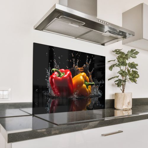 Spritzschutz Küche - Paprika - Wasser - Schwarz - Gemüse - Rot - Gelb
