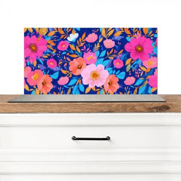 Spritzschutz Küche - Blumen - Blau - Rosa