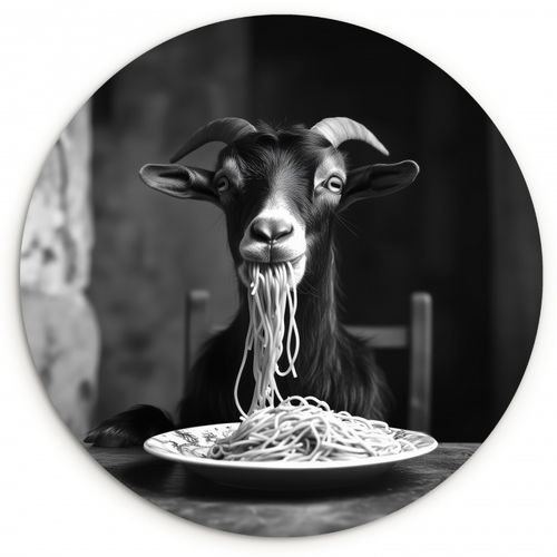 Runde Bilder - Ziege - Teller - Spaghetti - Schwarz und weiß