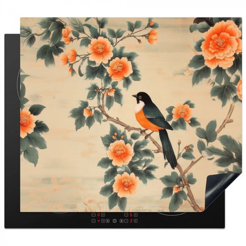 Herdabdeckplatte - Vogel - Zweig - Blumen - Orange
