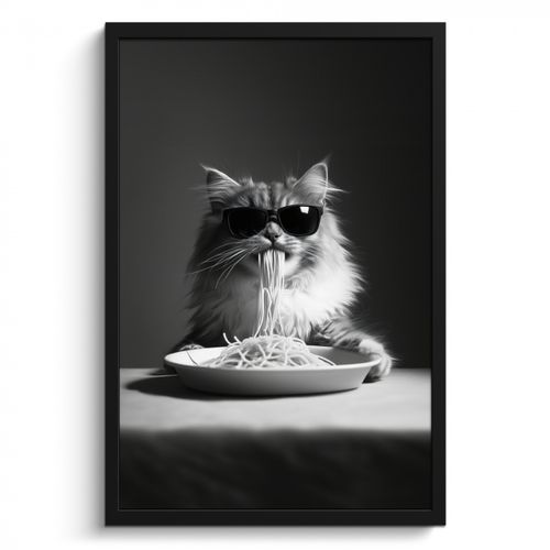 Bilder mit Rahmen - Langhaarkatze - Sonnenbrille - Spaghetti - Humor - Schwarz - Weiß