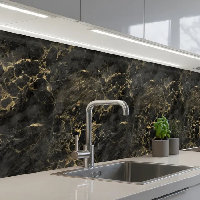 Küchenrückwand - Schwarz - Marmor - Gold - Nerf