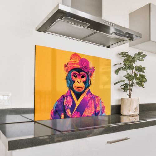 Spritzschutz Küche - Affe - Kimono - Blumen - Kopfschmuck