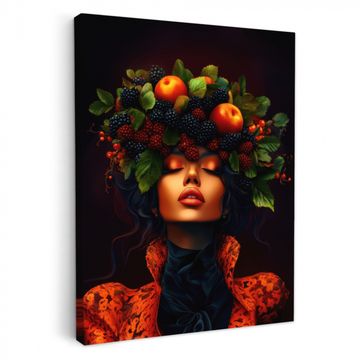 Leinwandbilder - Frau - Schwarz - Beeren - Äpfel