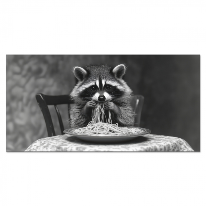 Wasbeer - Cute - Pasta - Tafelkleed - Zwart - Wit Spatscherm Aluminium klein -3d_volledig