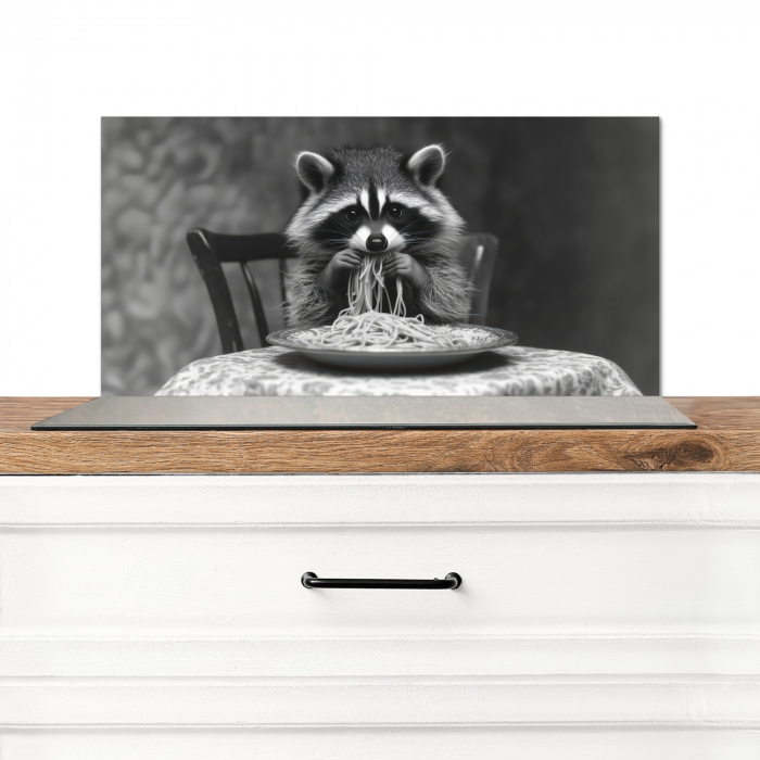 Wasbeer - Cute - Pasta - Tafelkleed - Zwart - Wit Spatscherm Aluminium klein -3d_zonderpan