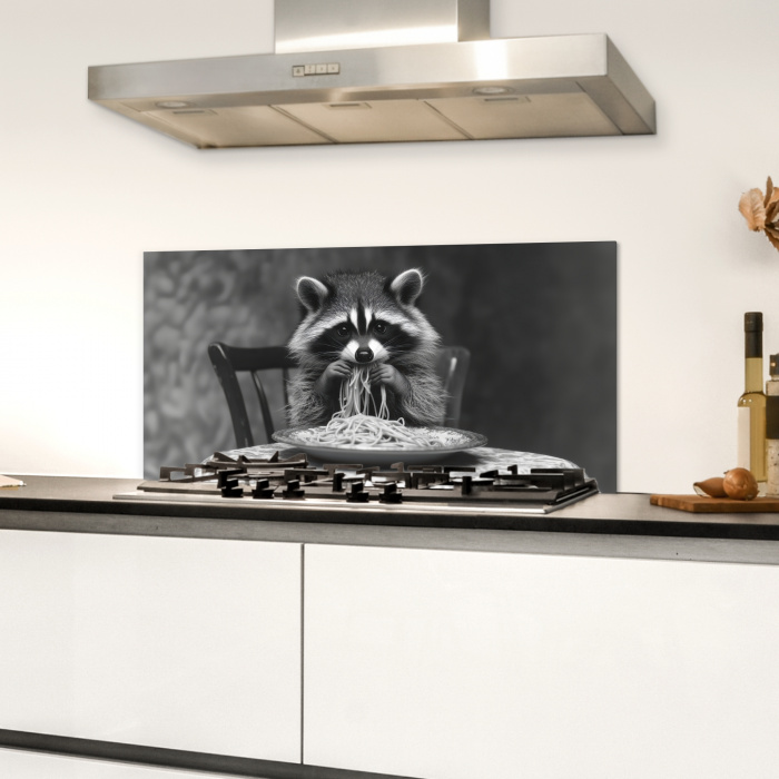 Wasbeer - Cute - Pasta - Tafelkleed - Zwart - Wit Spatscherm Aluminium klein -sfeer4