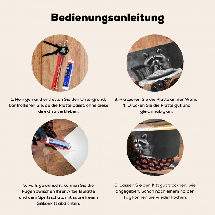 Wasbeer - Cute - Pasta - Tafelkleed - Zwart - Wit Spatscherm Aluminium klein -zgebruik_DE