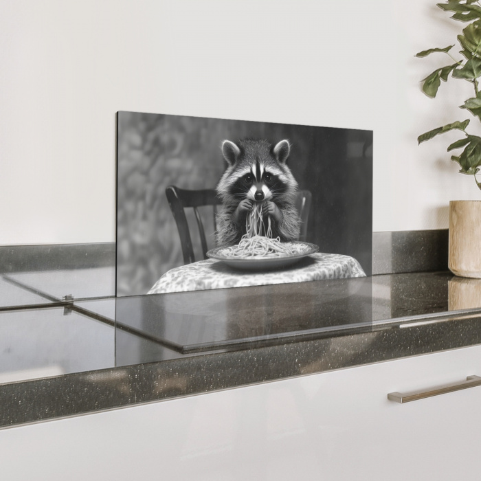 Wasbeer - Cute - Pasta - Tafelkleed - Zwart - Wit Spatscherm Aluminium klein -zzproduct_nieuw