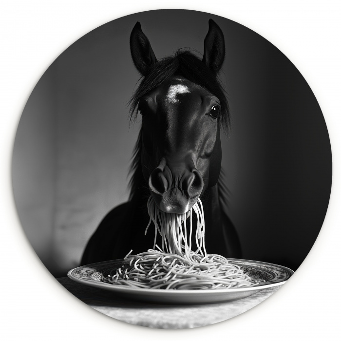 Paard - Bord - Pasta - Tafelkleed - Zwart Wit - Dieren KitchenYeah - Keuken - Wandcirkel Forex klein -3d
