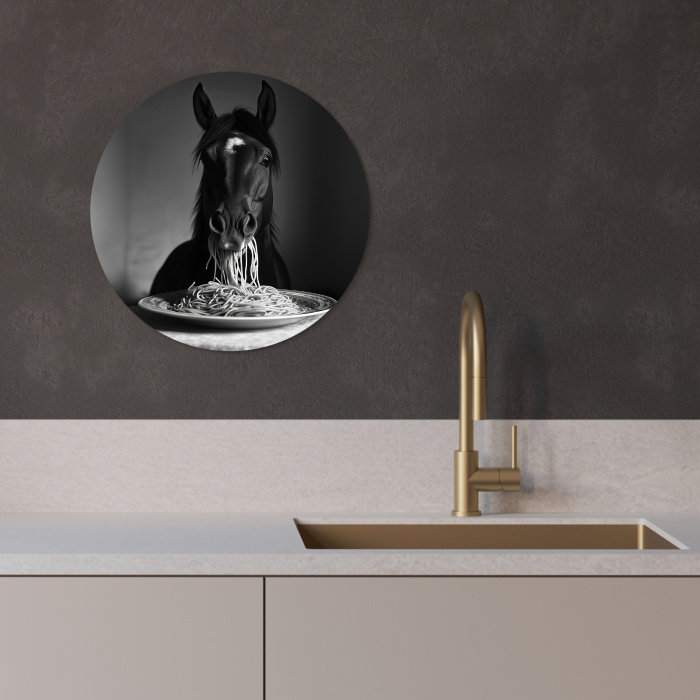 Paard - Bord - Pasta - Tafelkleed - Zwart Wit - Dieren KitchenYeah - Keuken - Wandcirkel Forex klein -sfeer1