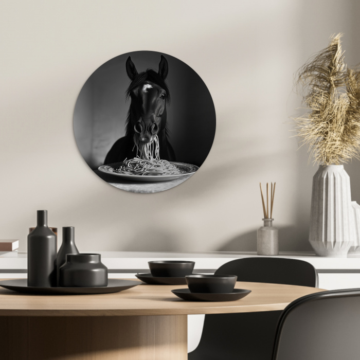 Paard - Bord - Pasta - Tafelkleed - Zwart Wit - Dieren KitchenYeah - Keuken - Wandcirkel Forex klein -sfeer2