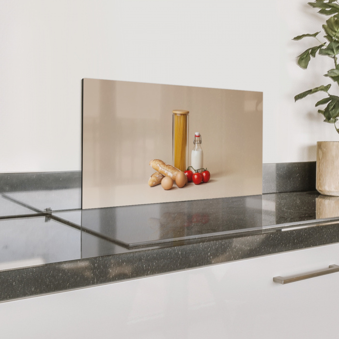 Spaghetti - Melk - Tomaten - Eieren - Brood Spatscherm Aluminium klein -zzproduct_nieuw