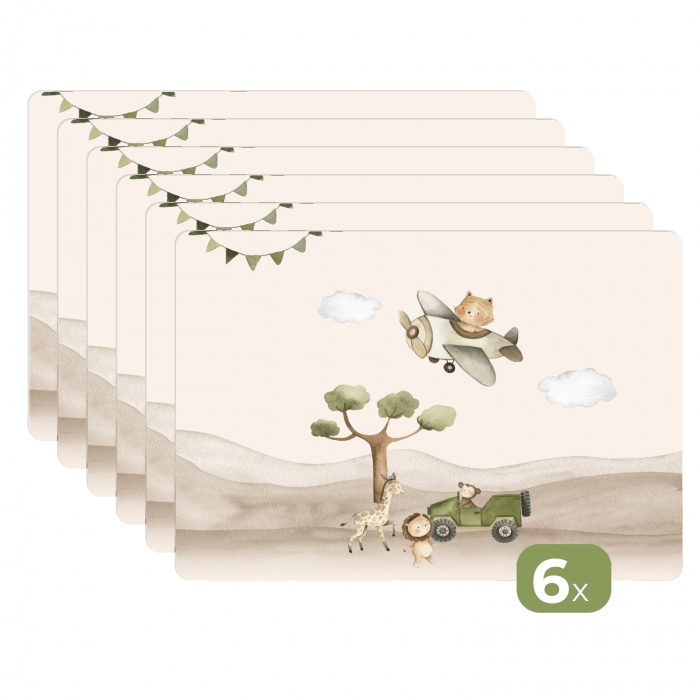 Wilde dieren - Safari - Pastel kleuren - Watercolor - Vliegtuig Placemat vinyl groot -zzsfeer3_Kitchenyeah-website