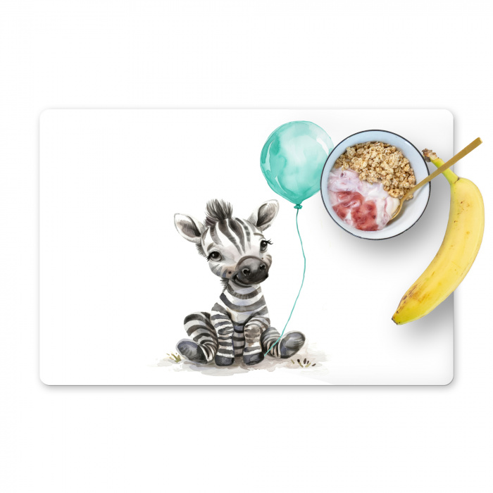 Zebra - Baby dier - Blauwe ballon Placemat vinyl groot -zzzproduct_Kitchenyeah-website