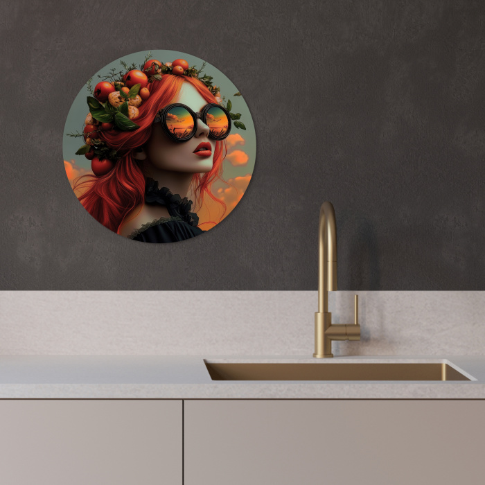 Vrouw - Kroon - Tomaat - Bascilicum - Zonnebril KitchenYeah - Keuken - Wandcirkel Forex klein -sfeer1