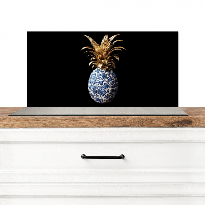 Ananas - Bloemen patroon - Goud - Delftsblauw Spatscherm Aluminium klein -3d_zonderpan