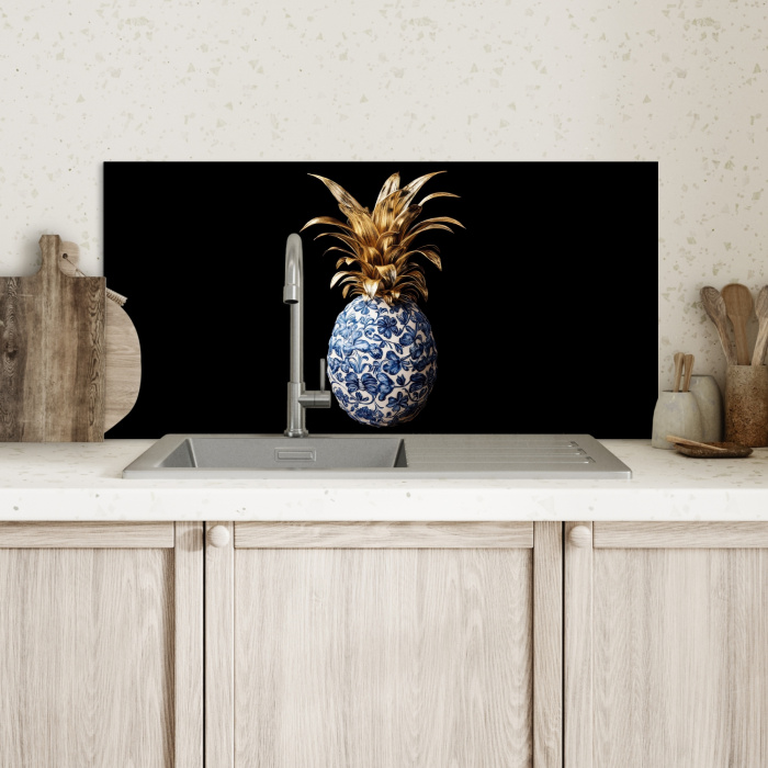Ananas - Bloemen patroon - Goud - Delftsblauw Spatscherm Aluminium klein -sfeer2