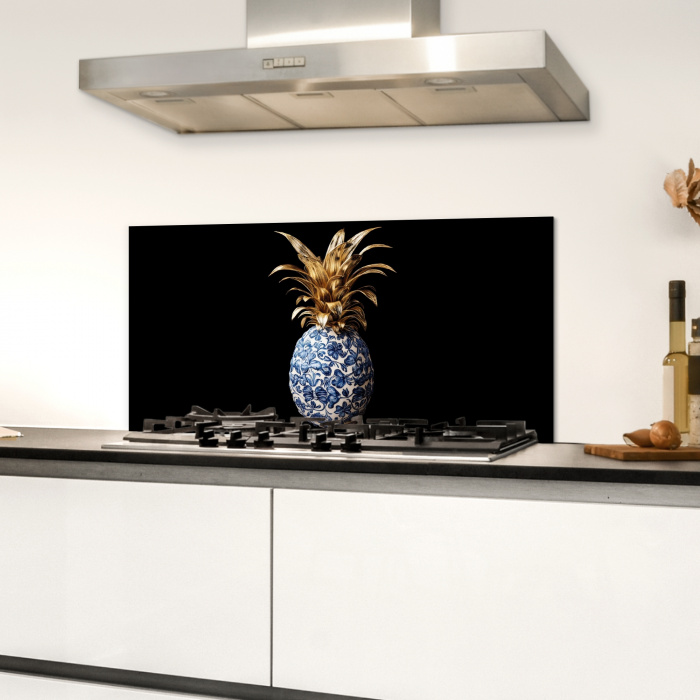 Ananas - Bloemen patroon - Goud - Delftsblauw Spatscherm Aluminium klein -sfeer4