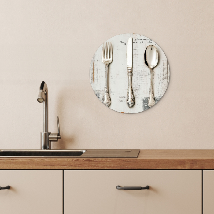 Zilver - Bestek - Hout KitchenYeah - Keuken - Wandcirkel Forex klein -sfeer3