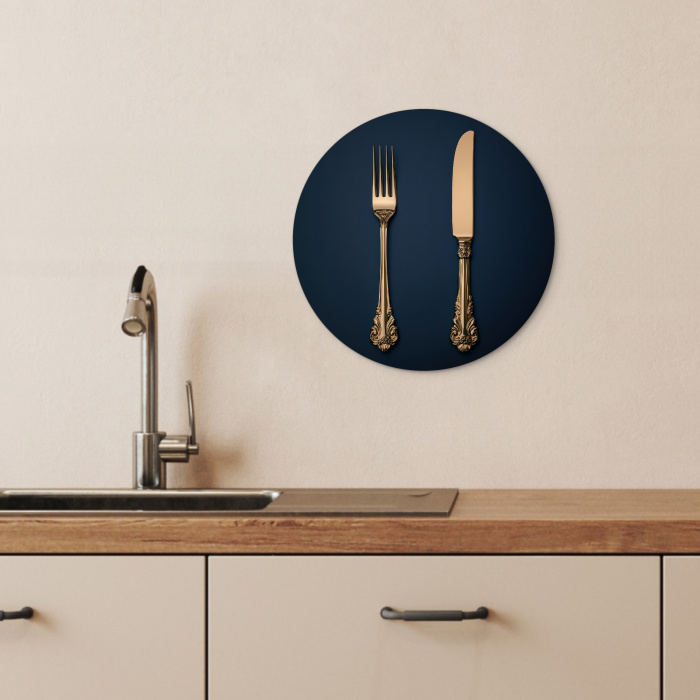 Bestek - Donkerblauw - Goud KitchenYeah - Keuken - Wandcirkel Forex klein -sfeer3