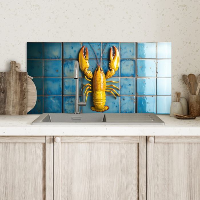 Kreeft - Geel - Blauw - Tegels Spatscherm Aluminium klein -sfeer2