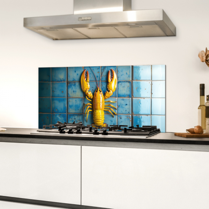Kreeft - Geel - Blauw - Tegels Spatscherm Aluminium klein -sfeer4