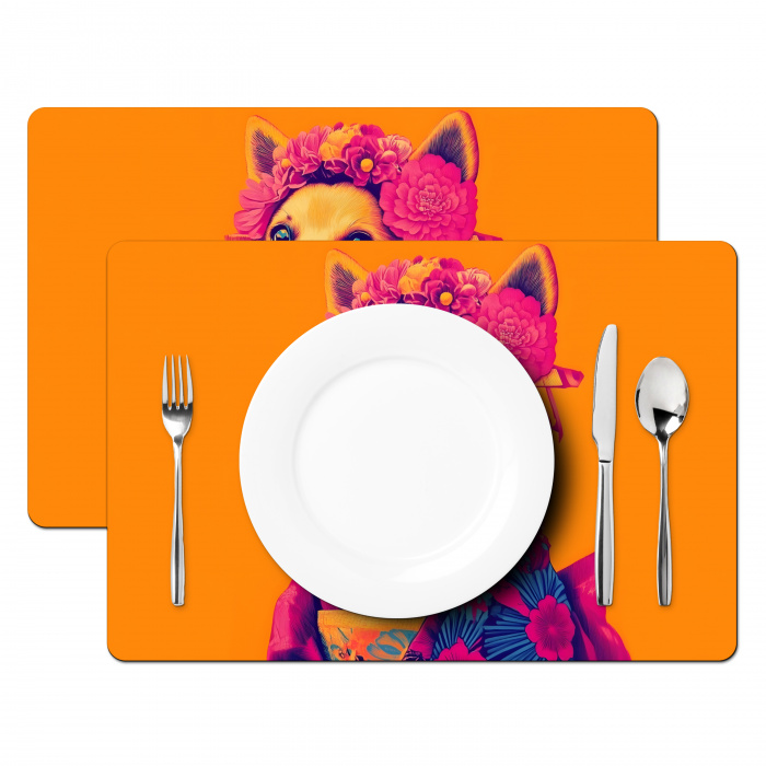 Kimono - Hondje - Bloemenkroon - Oranje Placemat vinyl groot -zzsfeer2_Kitchenyeah-website