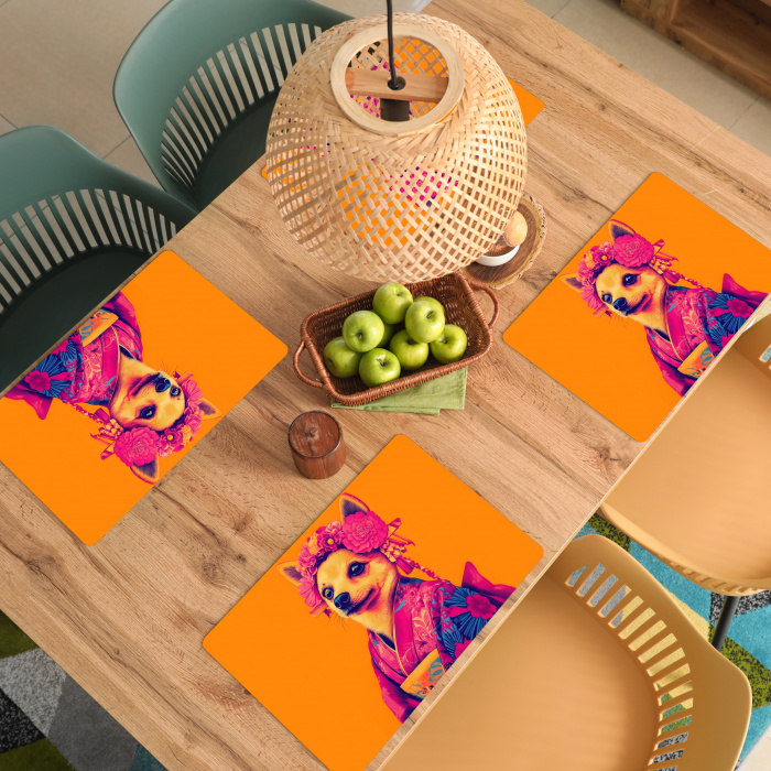 Kimono - Hondje - Bloemenkroon - Oranje Placemat vinyl groot -zzsfeer5_Kitchenyeah-website