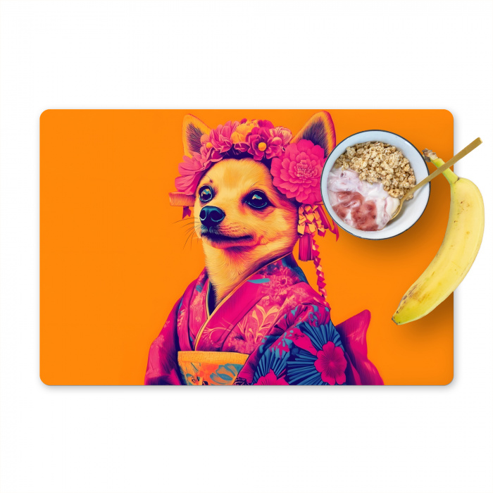 Kimono - Hondje - Bloemenkroon - Oranje Placemat vinyl groot -zzzproduct_Kitchenyeah-website