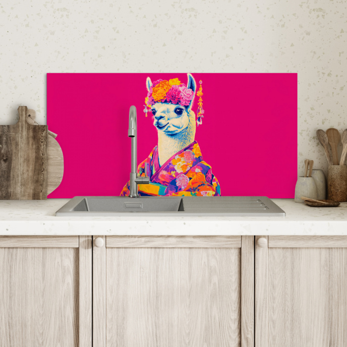 Lama - Kimono - Bloemenkrans - Felroze Spatscherm Aluminium klein -sfeer2