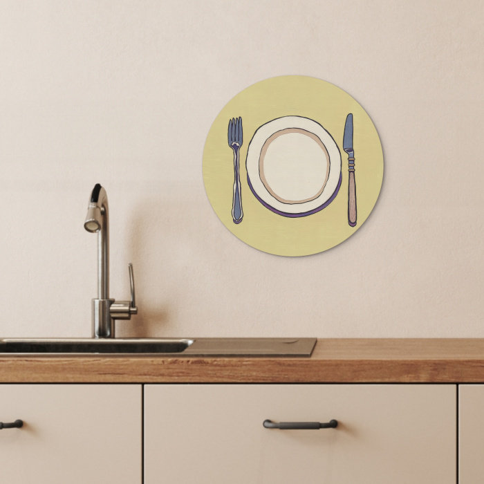 Illustratie - Bord - Bestek - Beige KitchenYeah - Keuken - Wandcirkel Forex klein -sfeer3
