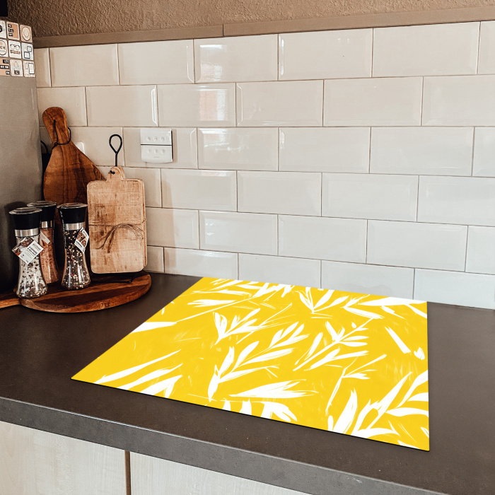 Abstract - Bladeren - Geel - Penseelstreken Inductie beschermer vinyl 3mm middel -sfeer3