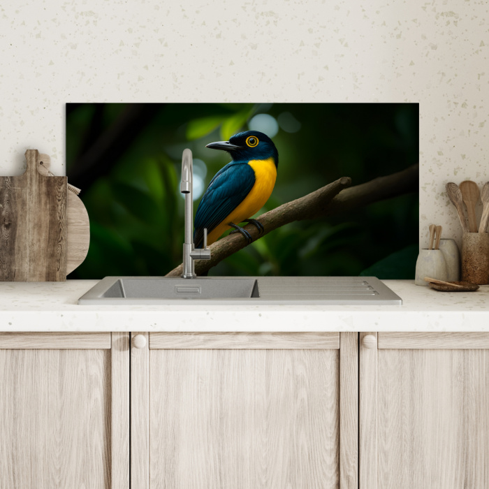 Vogel - Tak - Geel - Bladeren Spatscherm Aluminium klein -sfeer2