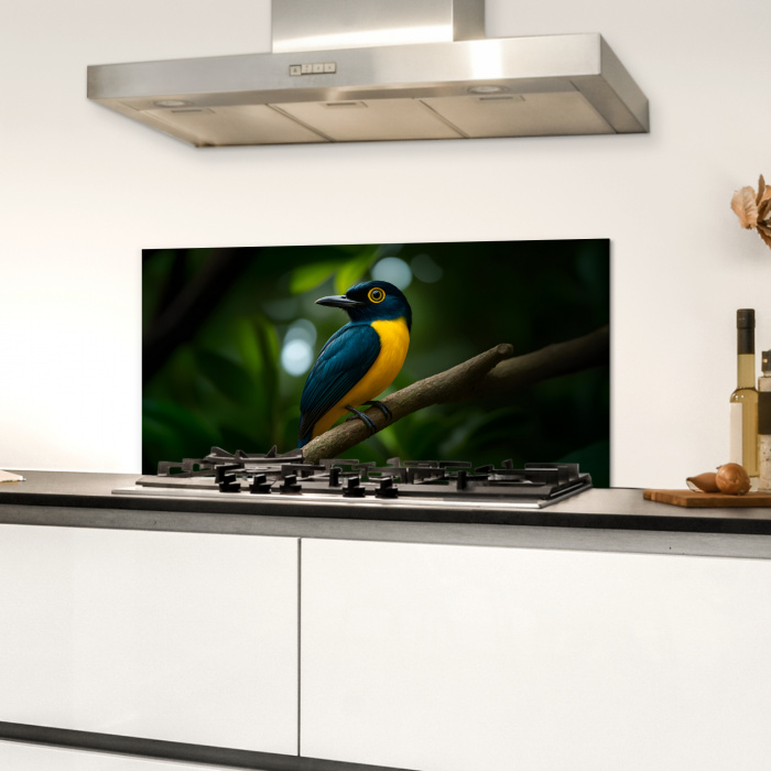 Vogel - Tak - Geel - Bladeren Spatscherm Aluminium klein -sfeer4