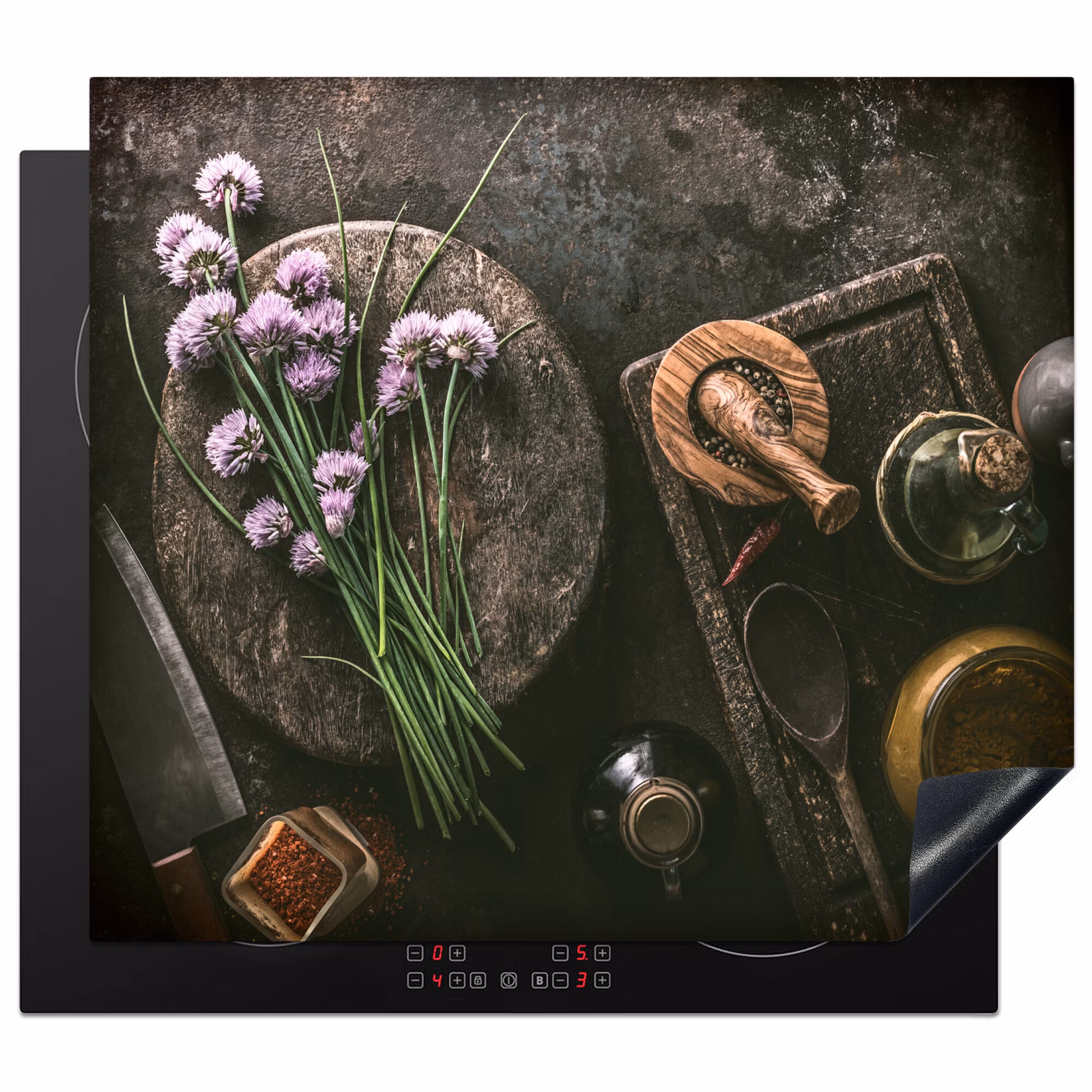 Herdabdeckplatte - Schnittlauchblüte und antikes Küchengeschirr — 1