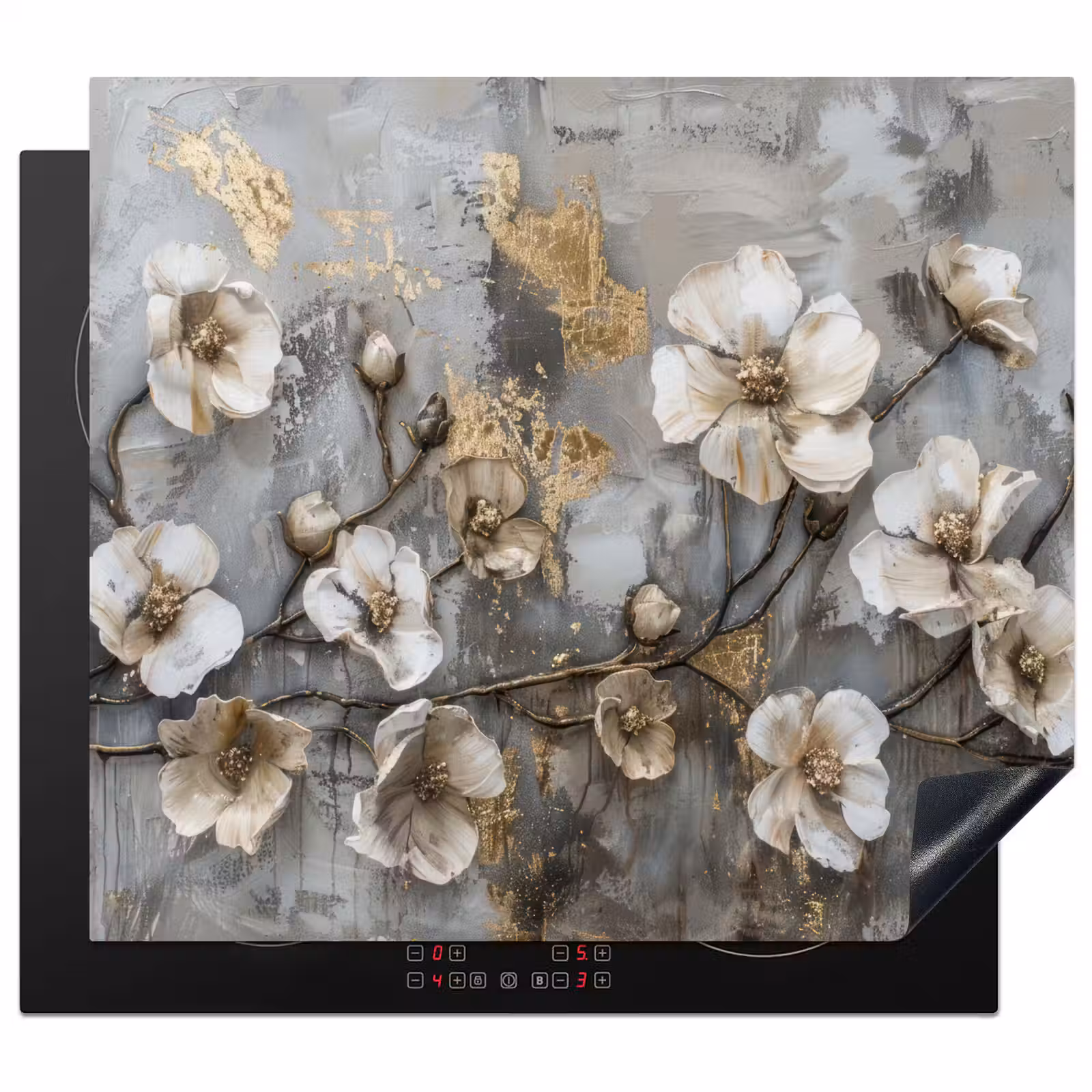 Herdabdeckplatte - Blumen - Weiß - Grau - Gold - Luxus — 1