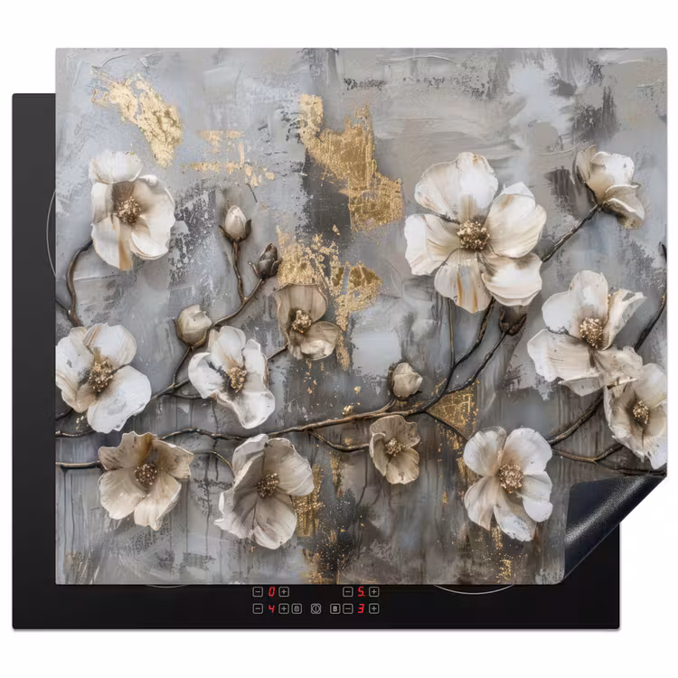 Herdabdeckplatte - Blumen - Weiß - Grau - Gold - Luxus — 1
